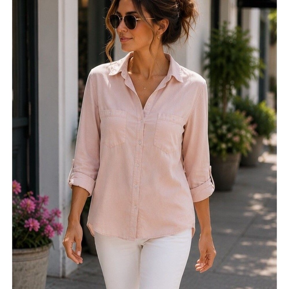 Harper Heritage 100% Lyocell Button Front Shirt Blouse Pink Roll Tab Sleeve M